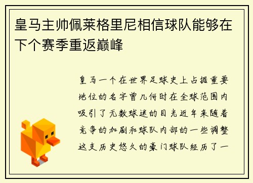 皇马主帅佩莱格里尼相信球队能够在下个赛季重返巅峰