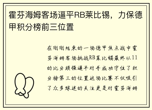霍芬海姆客场逼平RB莱比锡，力保德甲积分榜前三位置