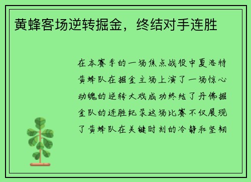 黄蜂客场逆转掘金，终结对手连胜