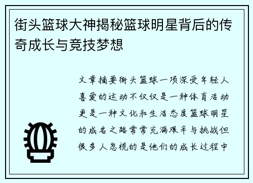 街头篮球大神揭秘篮球明星背后的传奇成长与竞技梦想